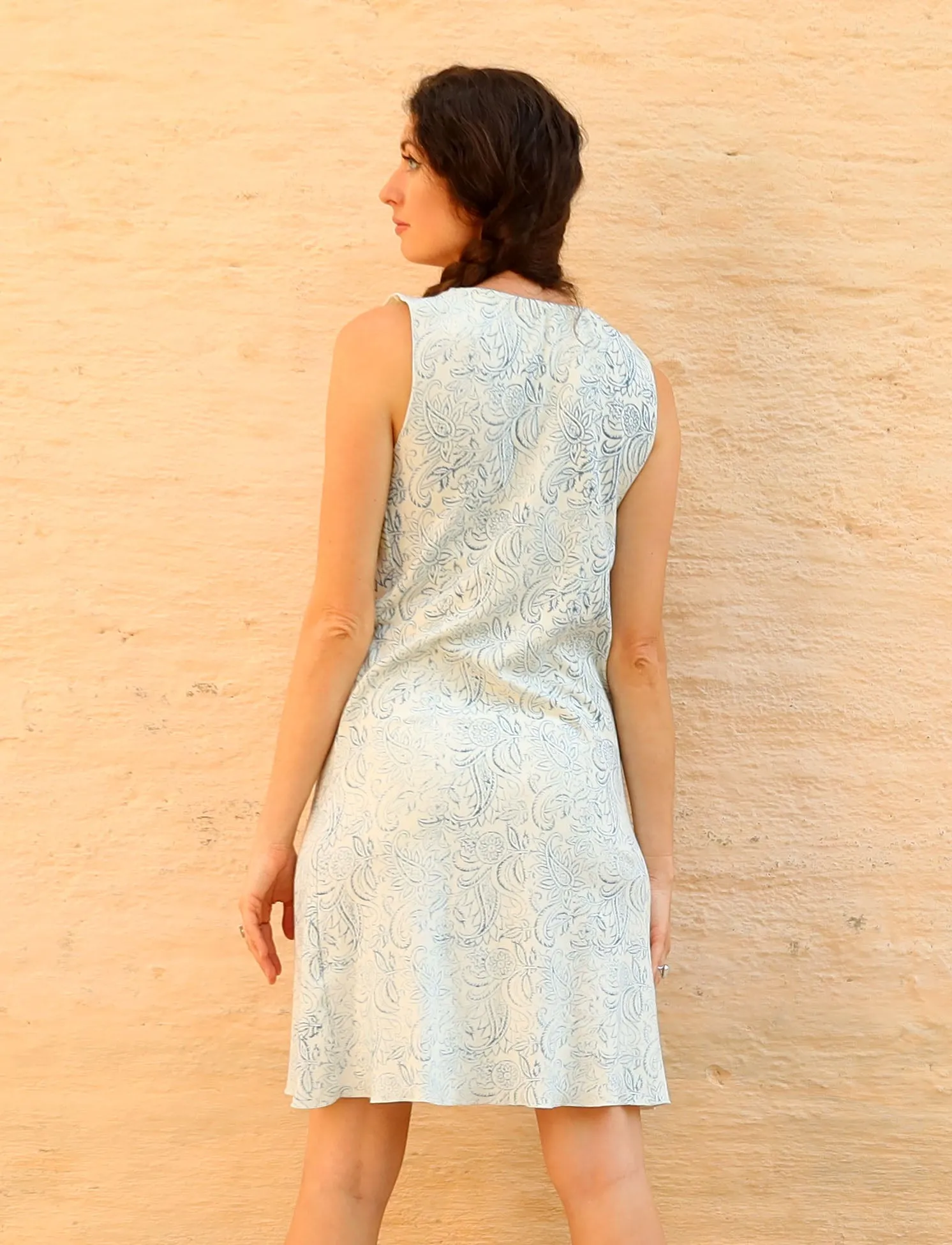 Drawstring Collar Simplicity Short BLOCK PRINTED Dress
