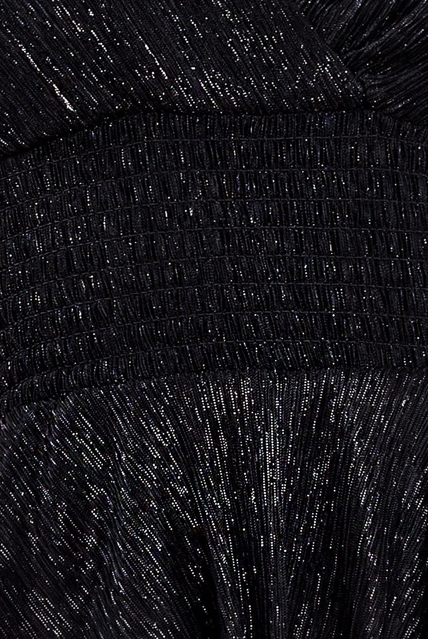 Goddiva Crinkle Lurex High Low Layered Midi Dress - Black