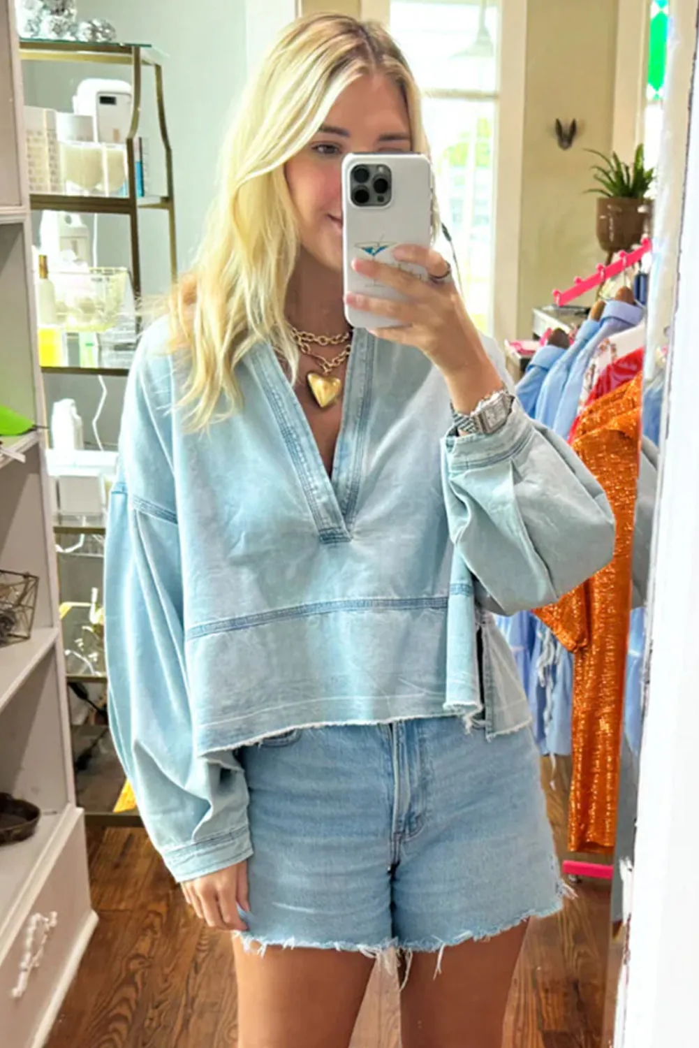 Gothic Outlaws Beau Blue Light Wash Puff Sleeve V Neck Denim Blouse