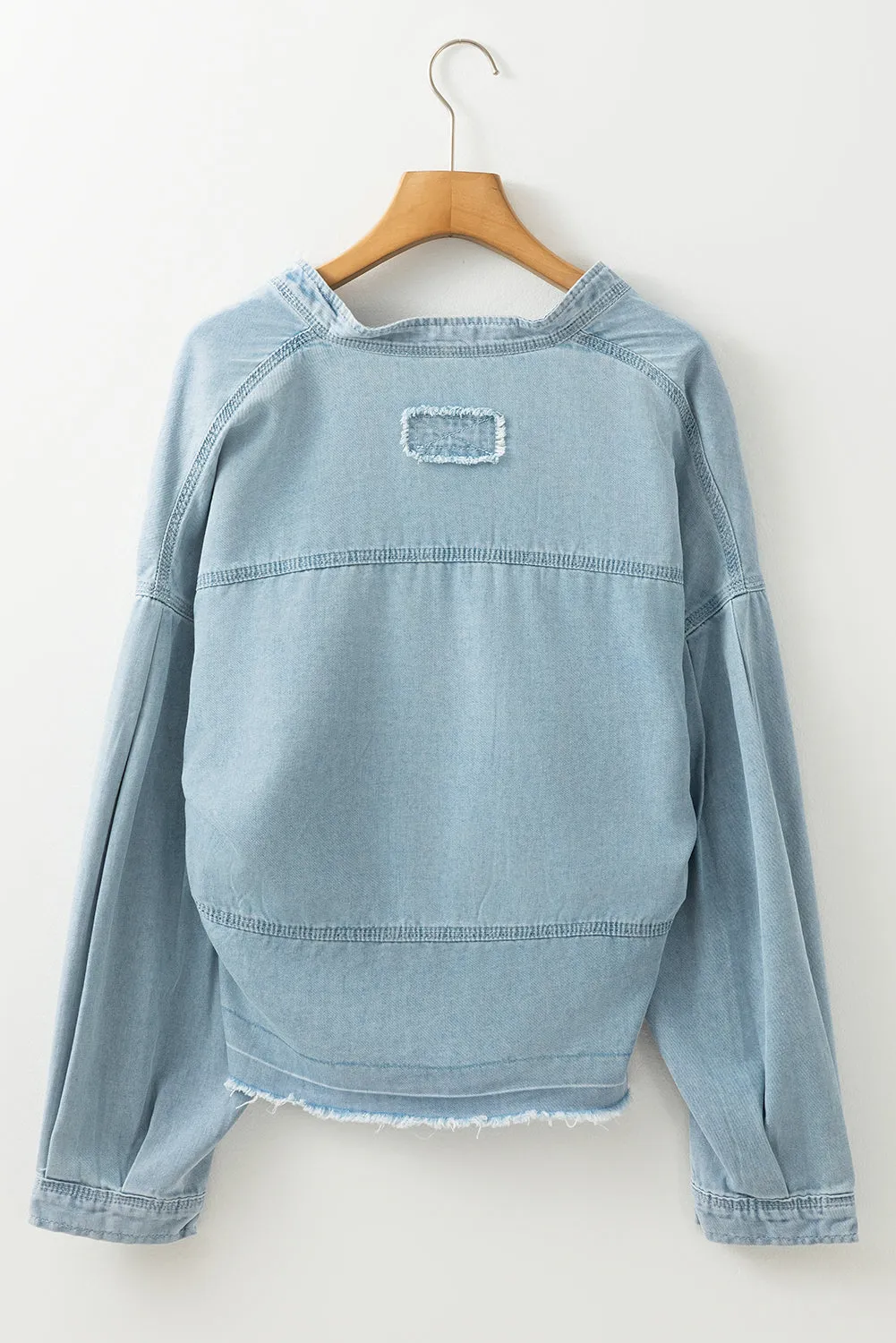 Gothic Outlaws Beau Blue Light Wash Puff Sleeve V Neck Denim Blouse