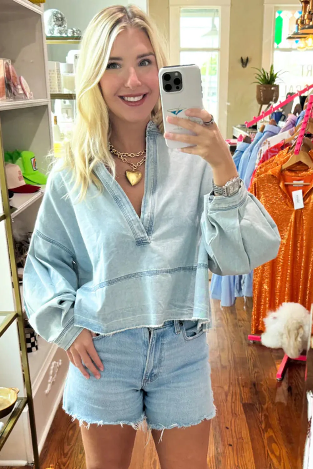 Gothic Outlaws Beau Blue Light Wash Puff Sleeve V Neck Denim Blouse