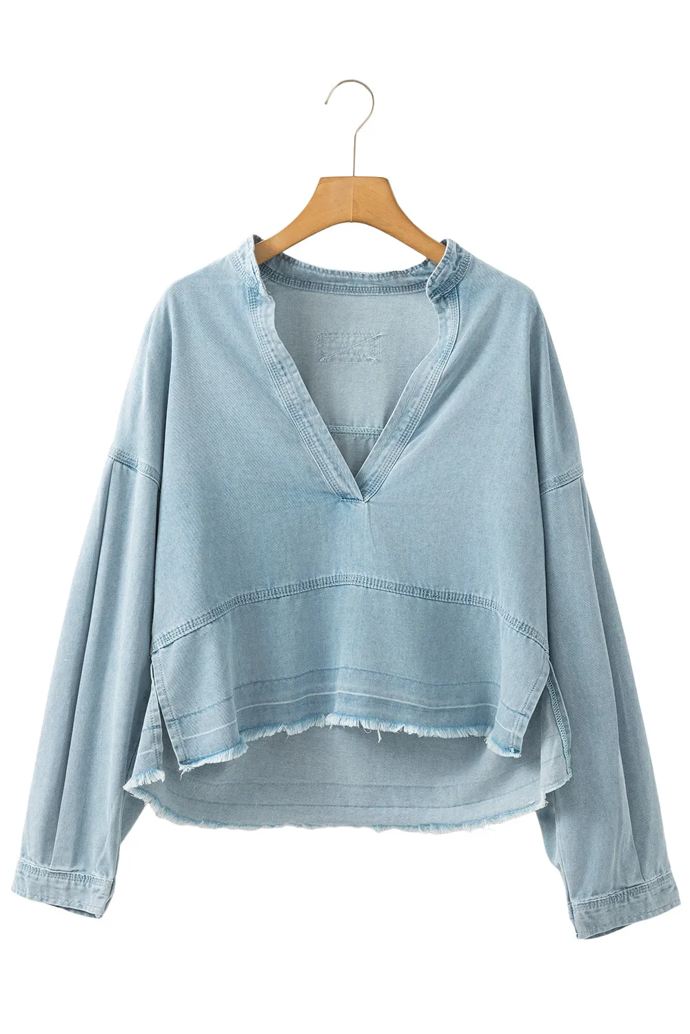 Gothic Outlaws Beau Blue Light Wash Puff Sleeve V Neck Denim Blouse