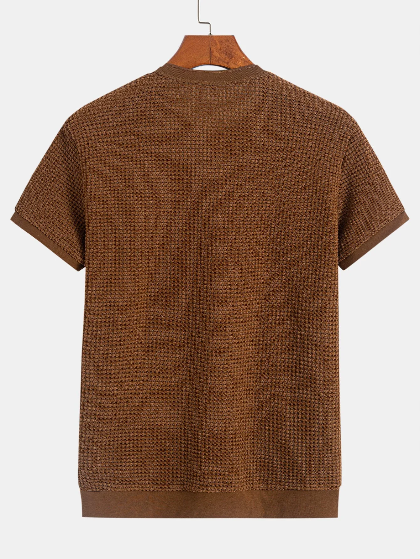 Henley Neck Textured Ribbed Hem T-Shirt