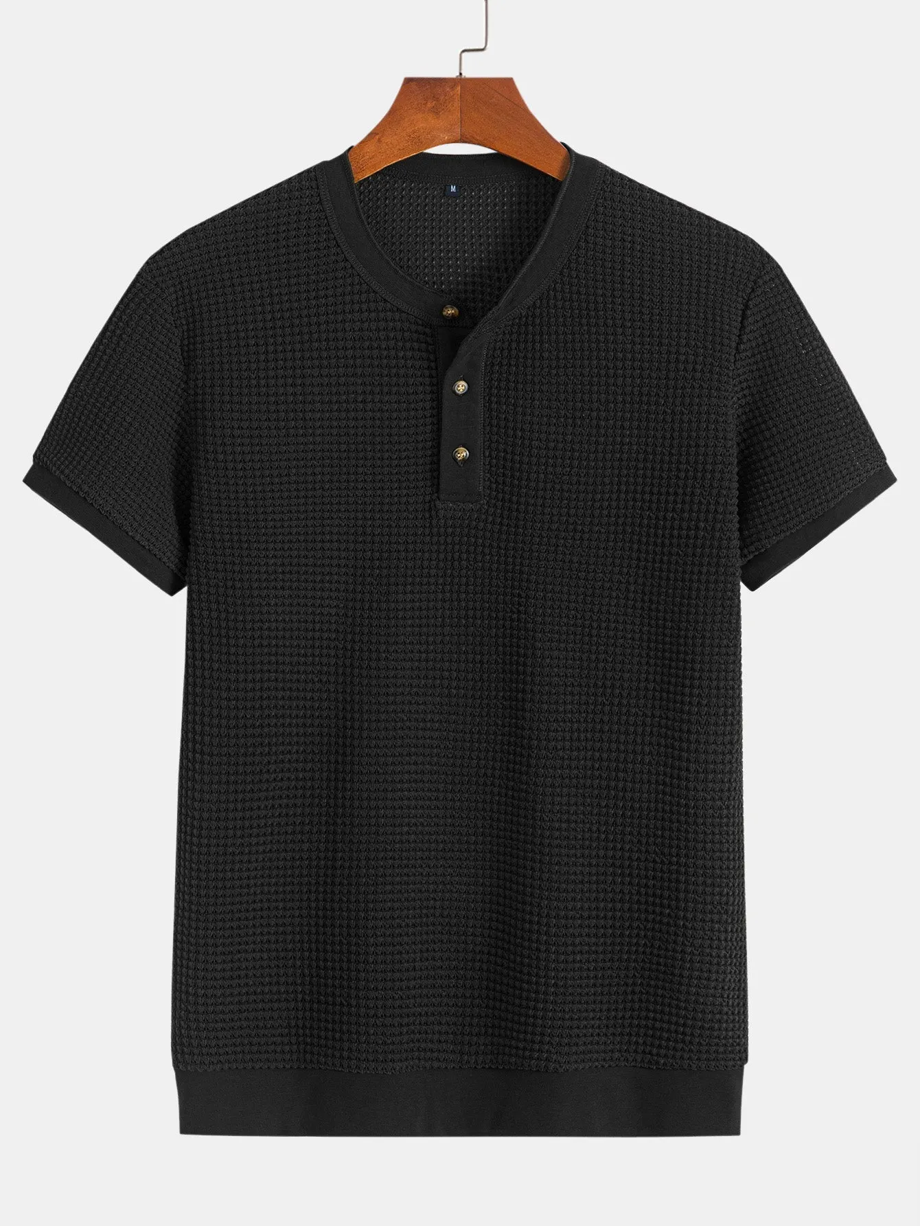 Henley Neck Textured Ribbed Hem T-Shirt