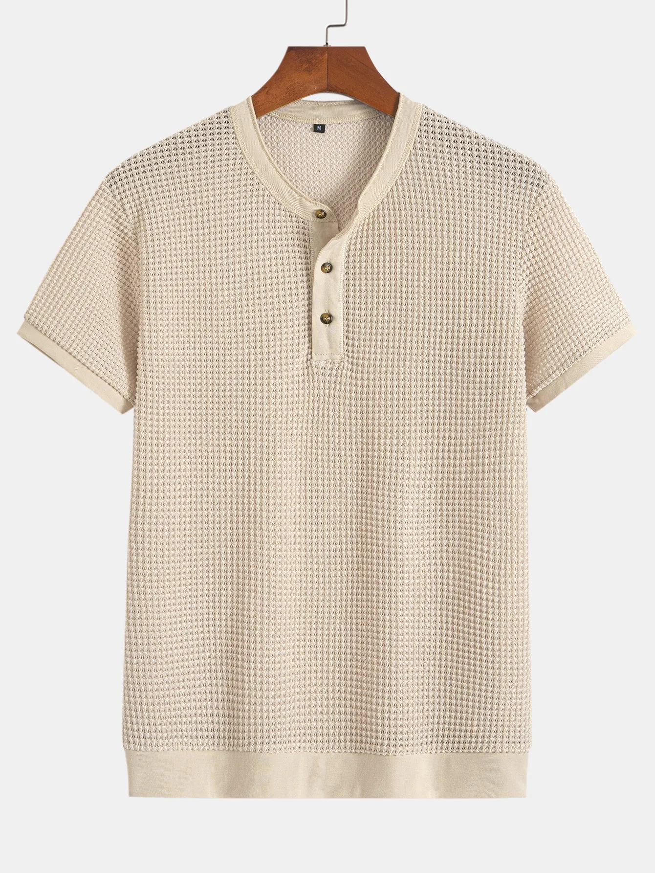 Henley Neck Textured Ribbed Hem T-Shirt
