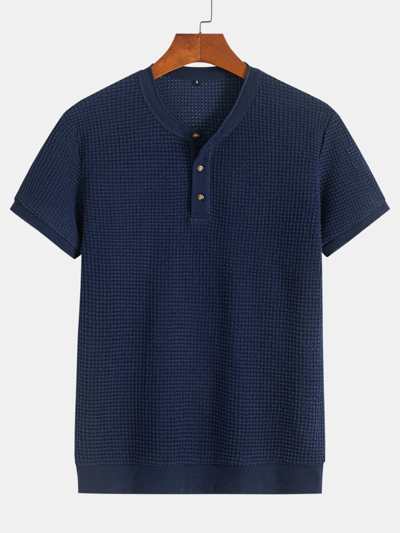 Henley Neck Textured Ribbed Hem T-Shirt