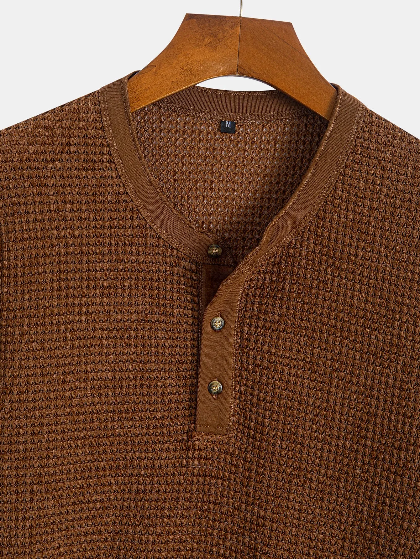 Henley Neck Textured Ribbed Hem T-Shirt