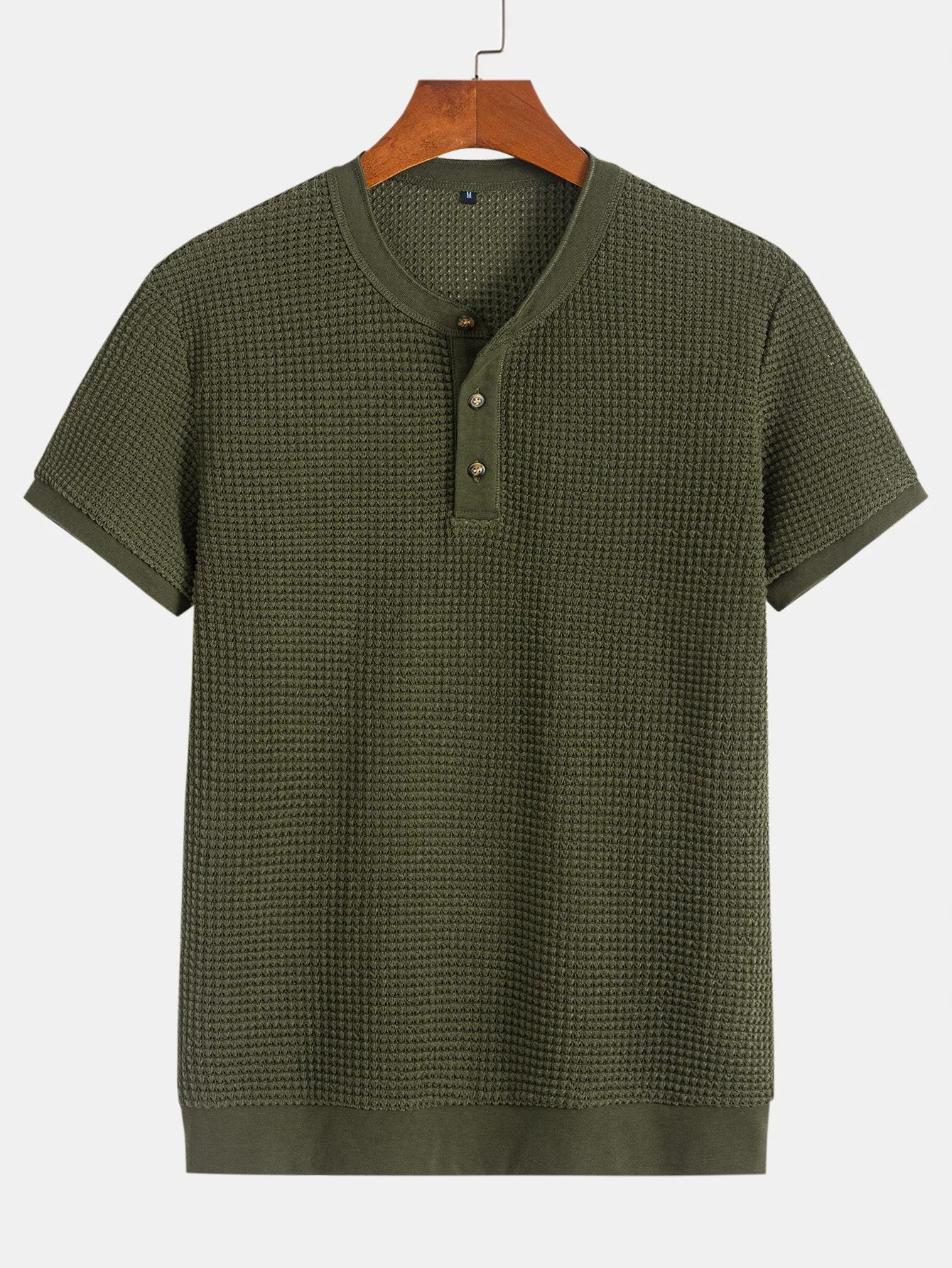 Henley Neck Textured Ribbed Hem T-Shirt