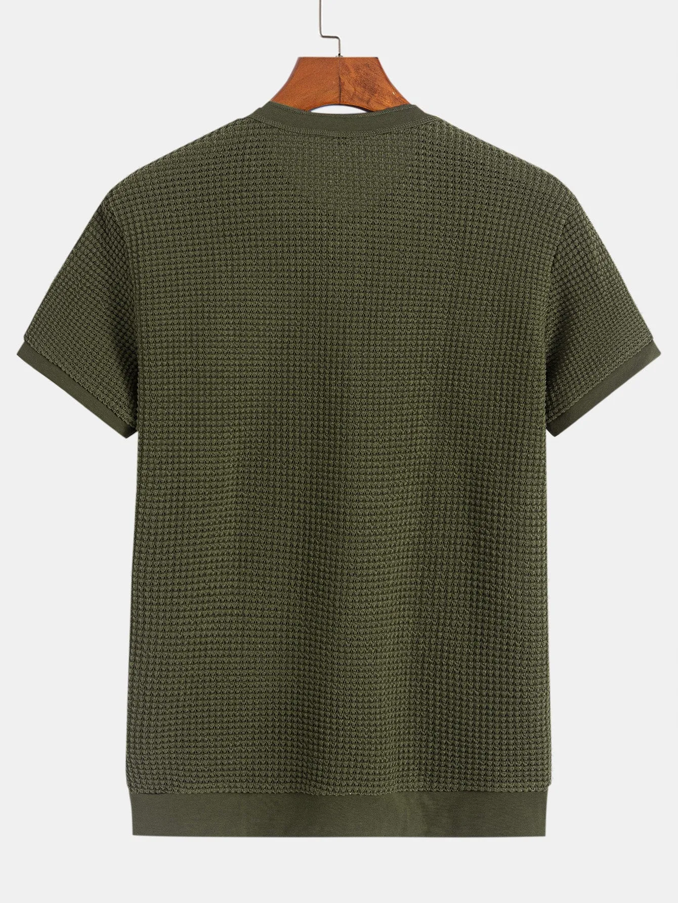 Henley Neck Textured Ribbed Hem T-Shirt