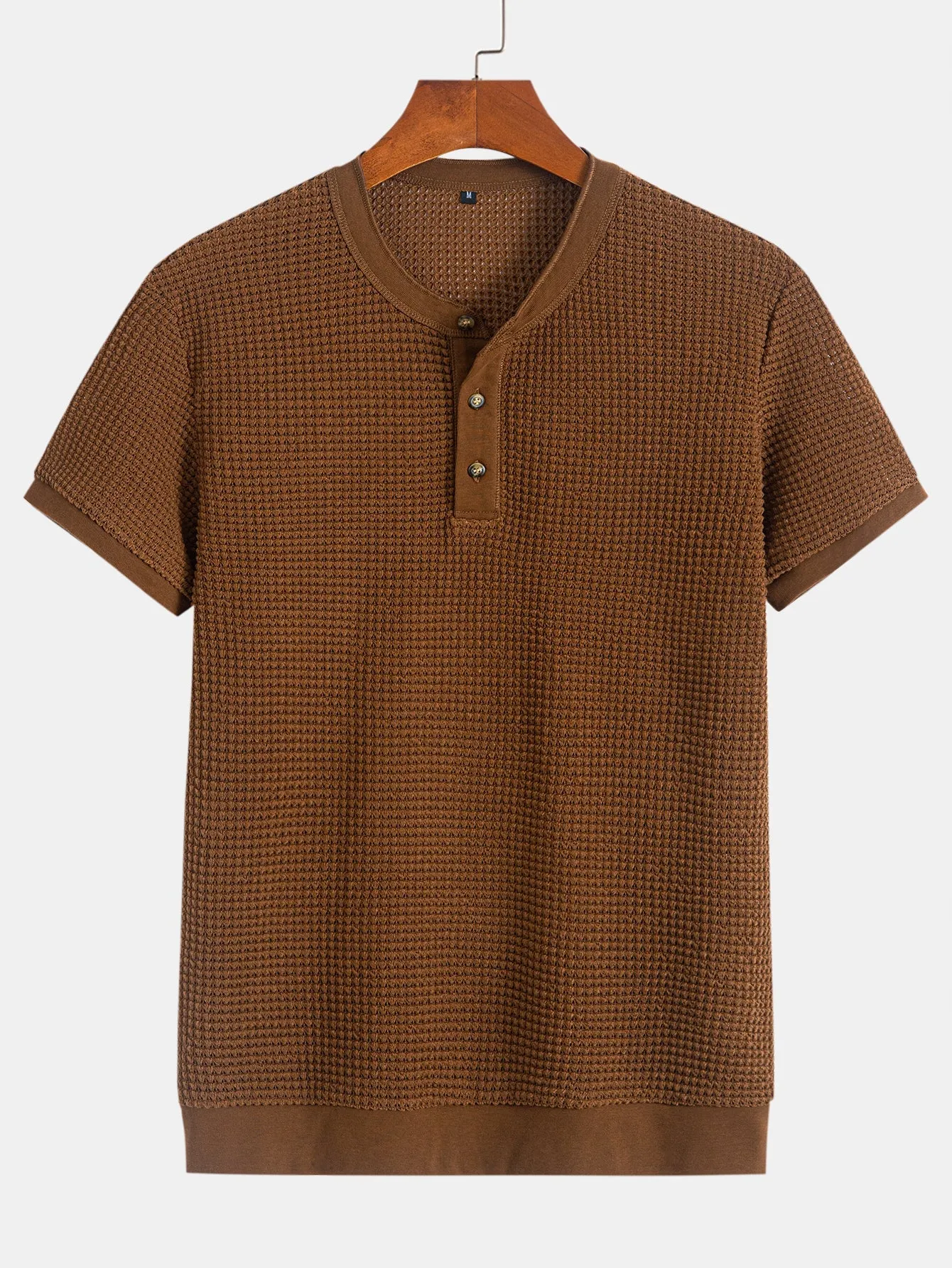Henley Neck Textured Ribbed Hem T-Shirt