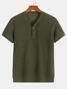 Henley Neck Textured Ribbed Hem T-Shirt