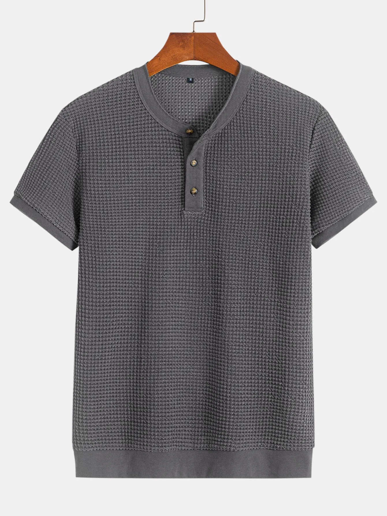 Henley Neck Textured Ribbed Hem T-Shirt