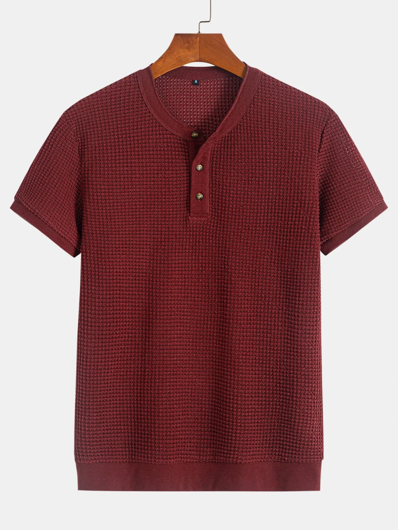 Henley Neck Textured Ribbed Hem T-Shirt