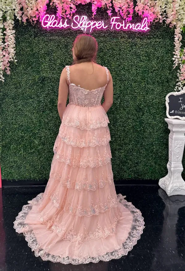 Jovani 36687 Size 10 Blush Long Prom Dress Sequin Floral Corset Off Shoulder Layered Skirt Slit Train formal Pageant Gown