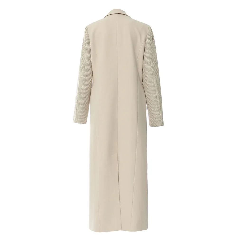 Minimalist Lapel Contrast Knit Sleeves Two Button Long Hybrid Blazer Coat