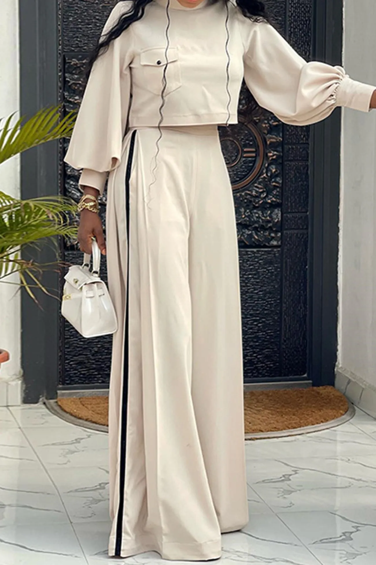 Mock Neck Puff Sleeve Crop Top Long Pants Set