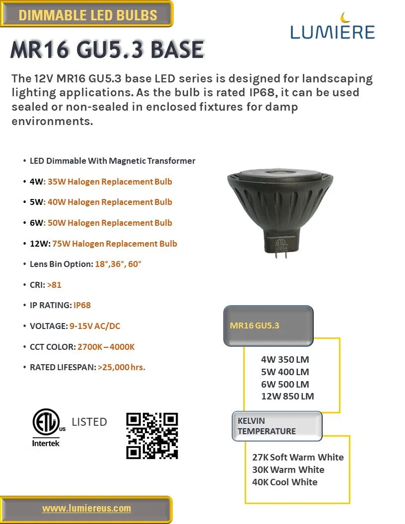 MR16  6W LED Bulb 2700K | 3000K Warm White 36°  Dimmable 12V AC/DC 500 Lumens - 50W Halogen Bulb Replacement