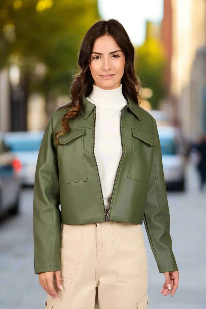 Olive Cropped Puffed Sleeve Leather Jacket
