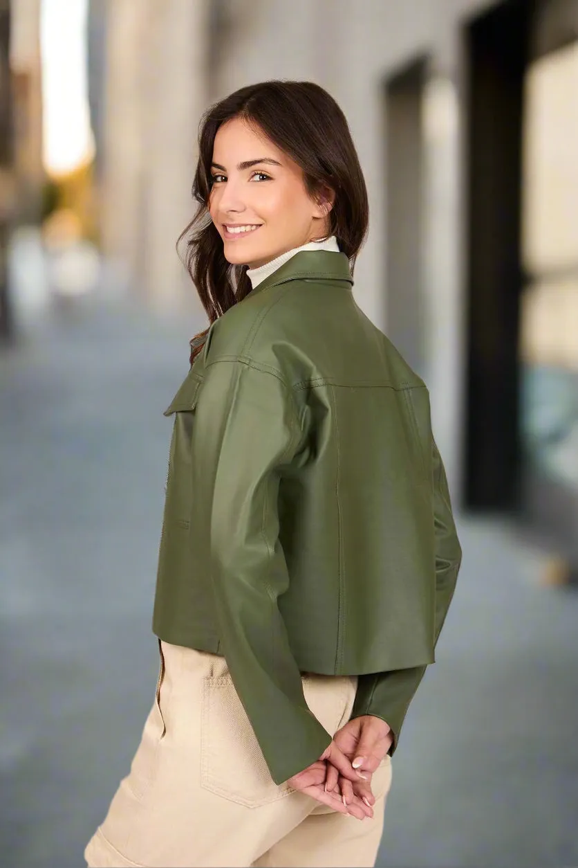 Olive Cropped Puffed Sleeve Leather Jacket