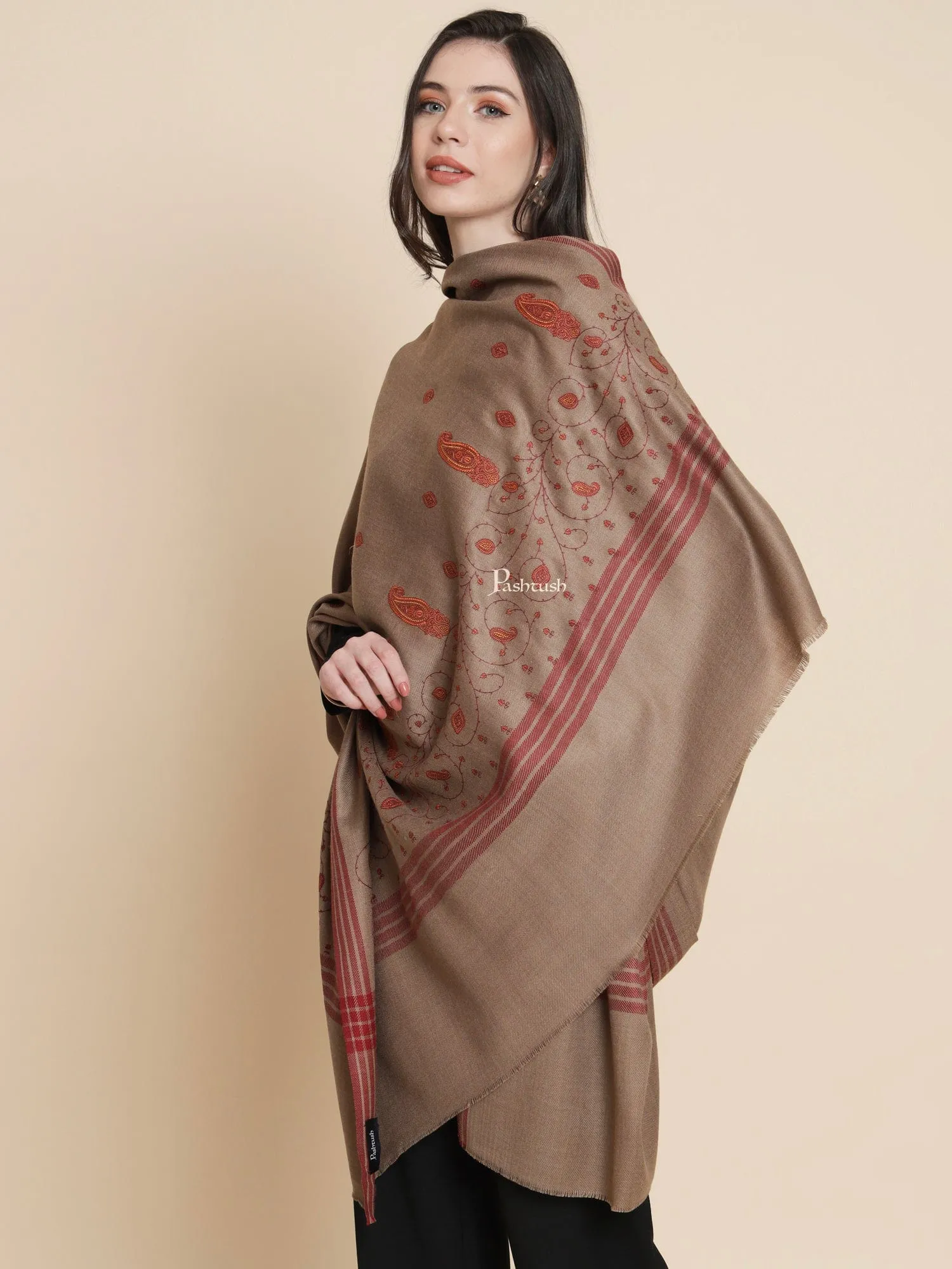 Pashtush Womens, Woollen, Paisley Large Thick And Warm, Kashmiri Embroidery Embroidery, Brown