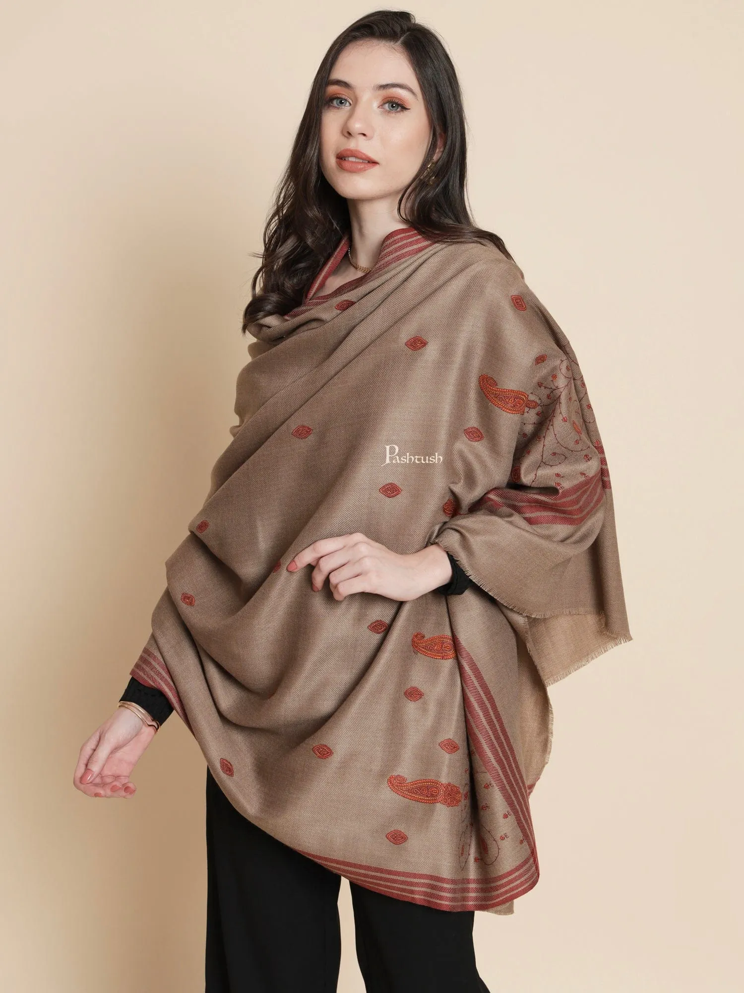 Pashtush Womens, Woollen, Paisley Large Thick And Warm, Kashmiri Embroidery Embroidery, Brown