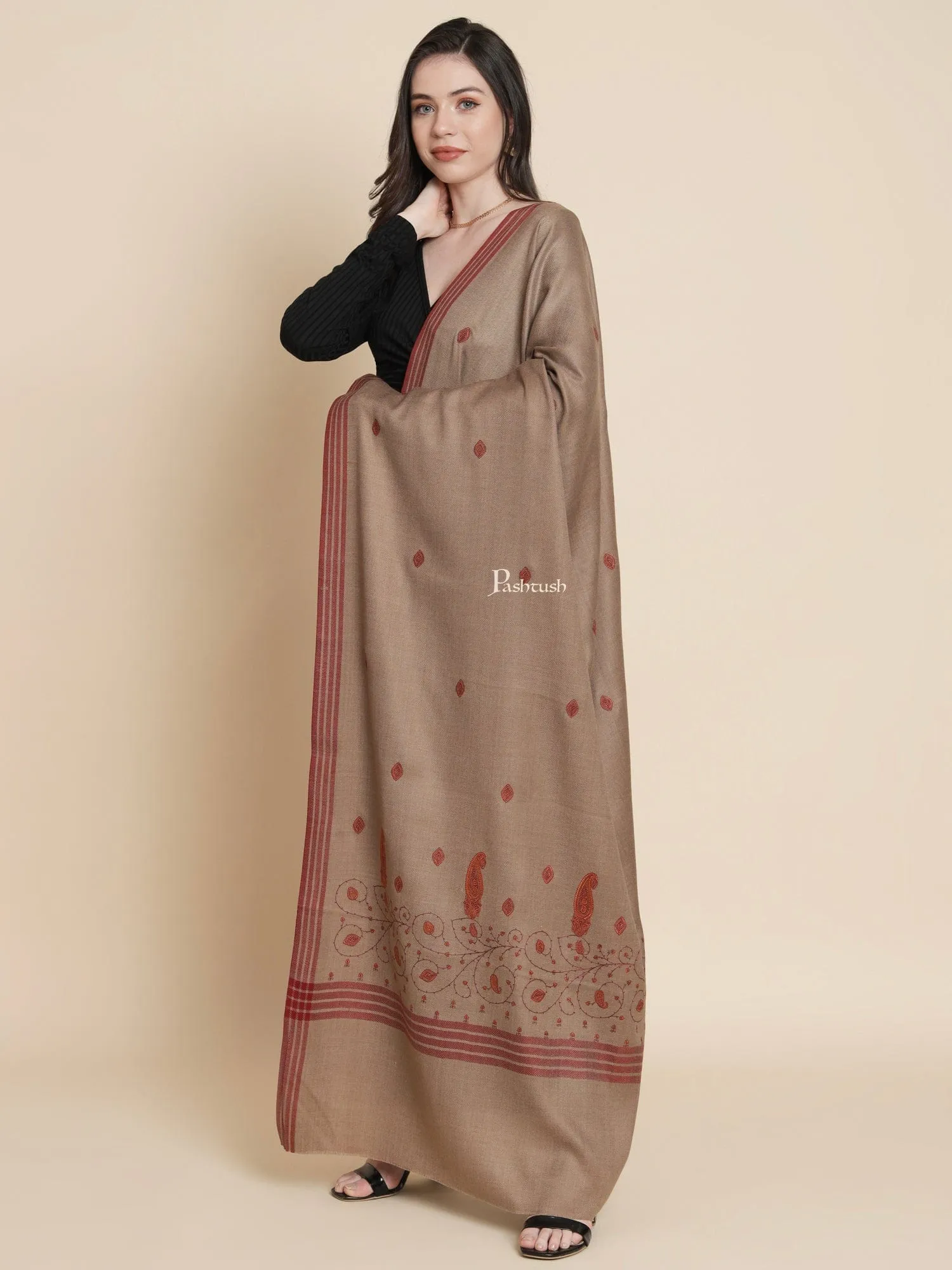 Pashtush Womens, Woollen, Paisley Large Thick And Warm, Kashmiri Embroidery Embroidery, Brown