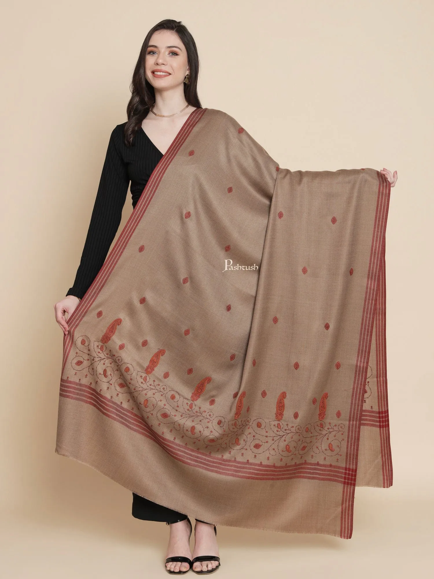 Pashtush Womens, Woollen, Paisley Large Thick And Warm, Kashmiri Embroidery Embroidery, Brown
