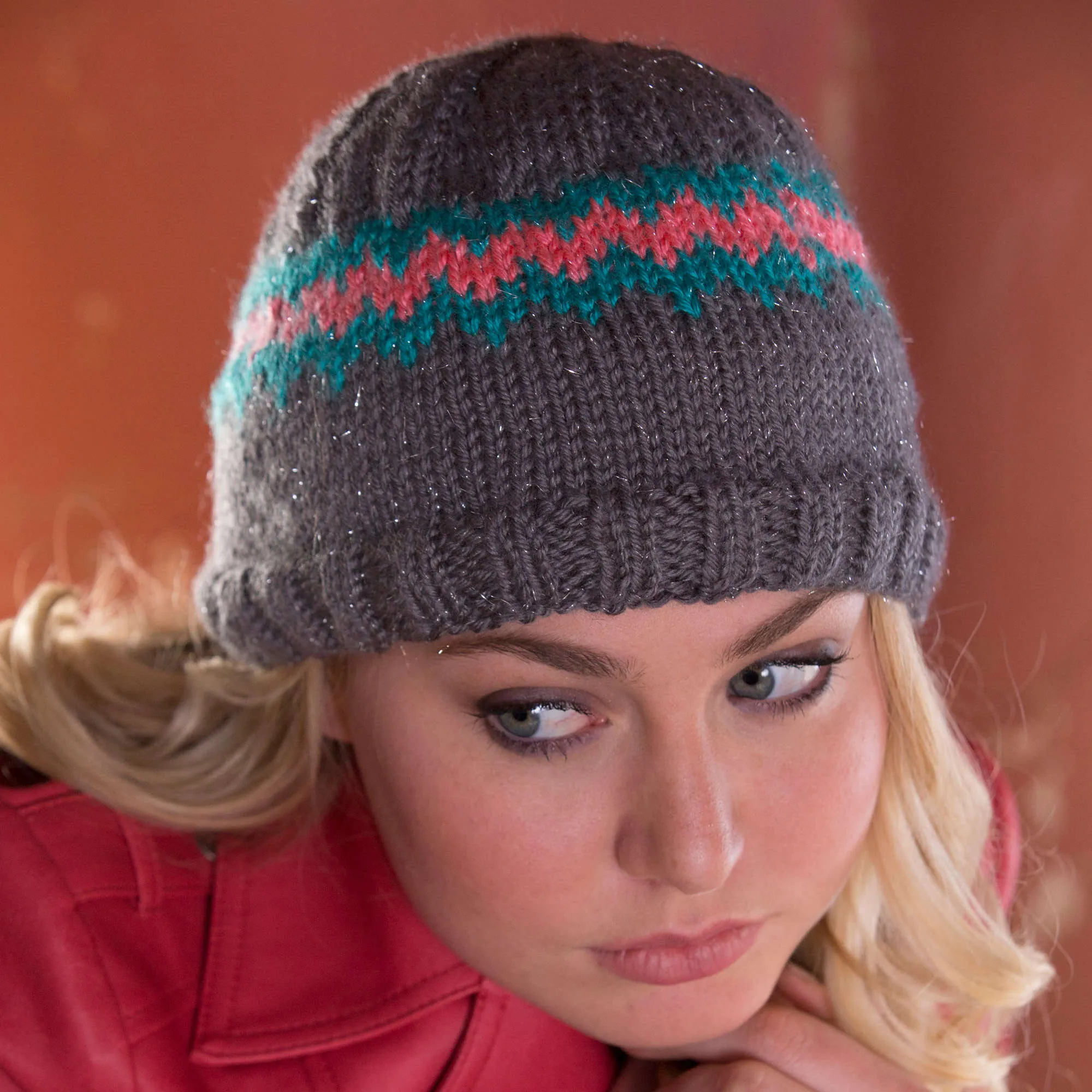 Red Heart Knit Chevron Sparkle Hat