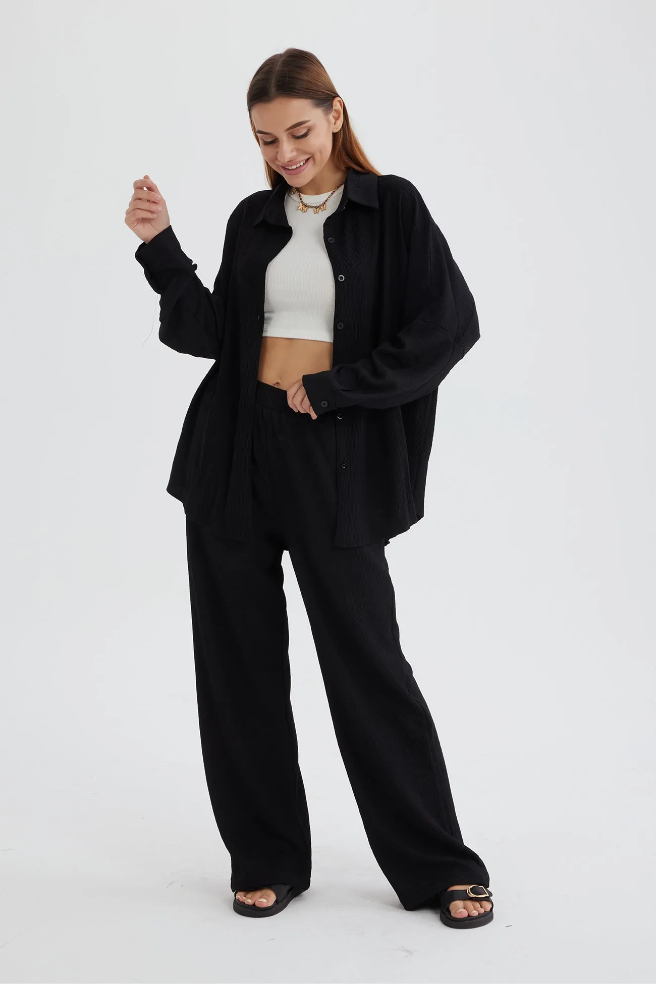 Two Piece Solid Color Long Sleeve Shirt Long Pants Set