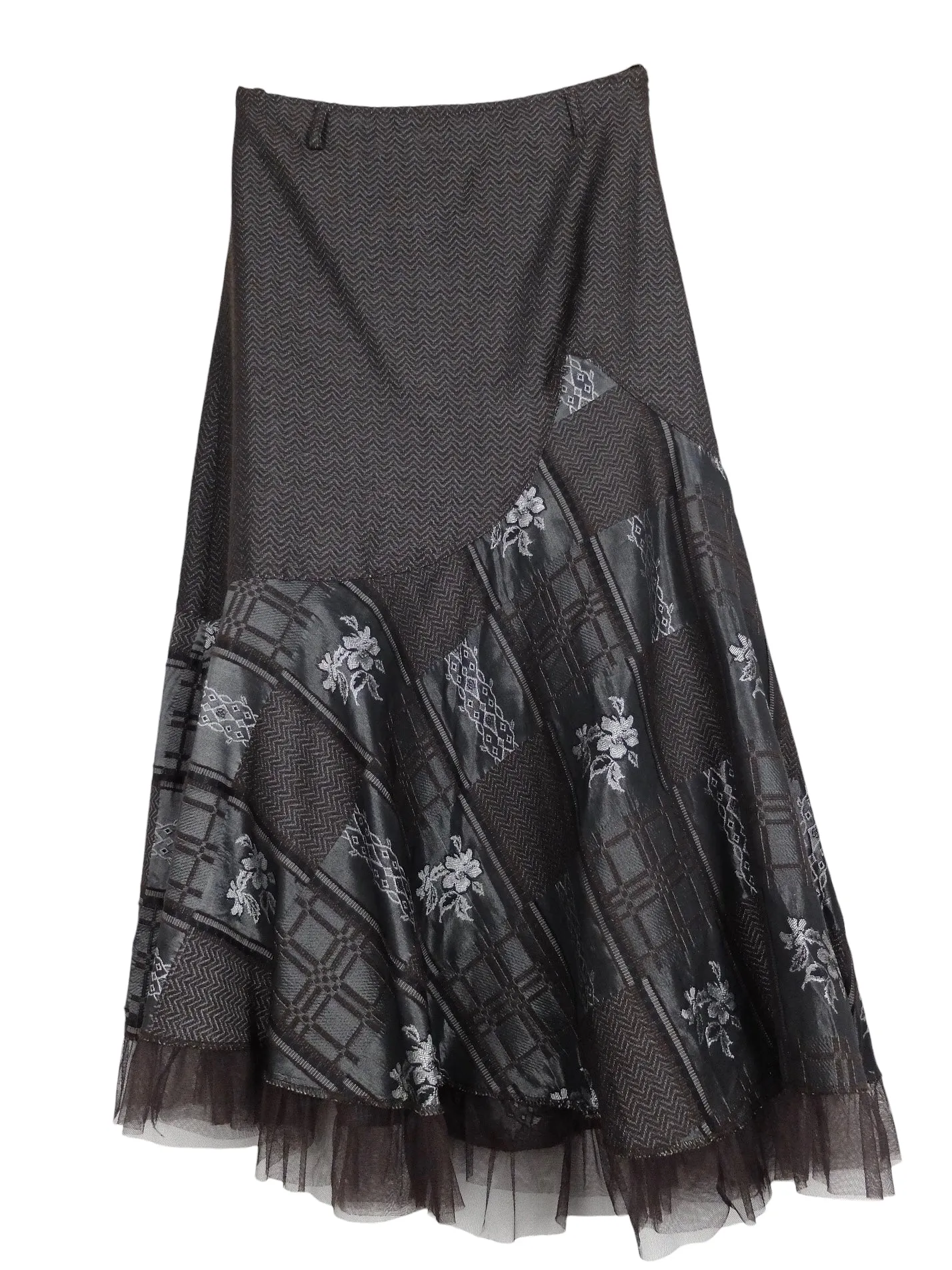 Vintage 2000s Y2K Balletcore Taupe Grey Brown Metallic Low Rise Floral Layered Ruffle Tulle Midi Skirt | 29 Inch Waist