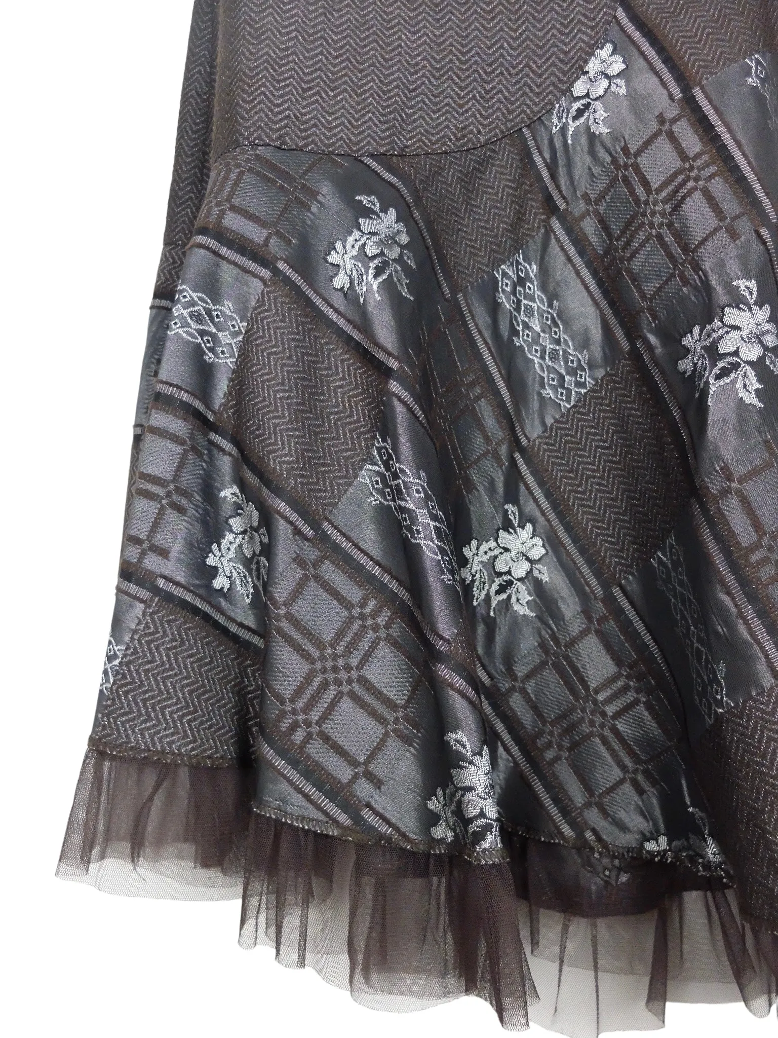 Vintage 2000s Y2K Balletcore Taupe Grey Brown Metallic Low Rise Floral Layered Ruffle Tulle Midi Skirt | 29 Inch Waist