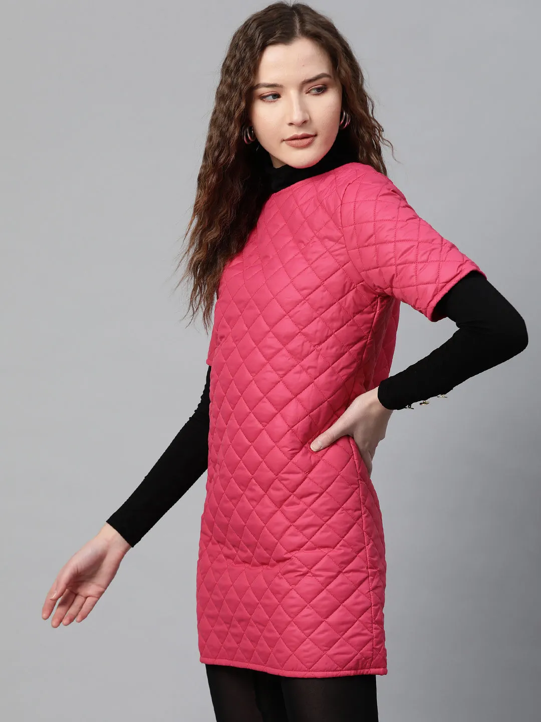 Women Fuchsia Quilted Shift Dress