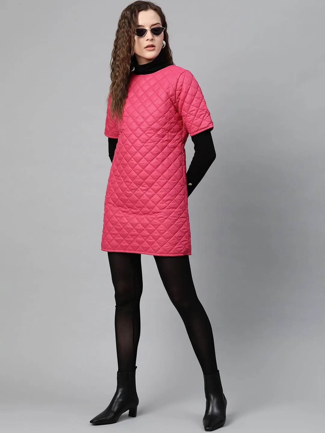 Women Fuchsia Quilted Shift Dress